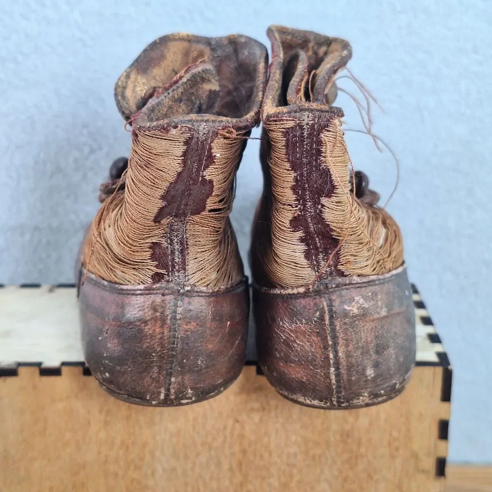 Antique Victorian Baby Boots High-Top Button Brown Leather Textile Pair Vintage